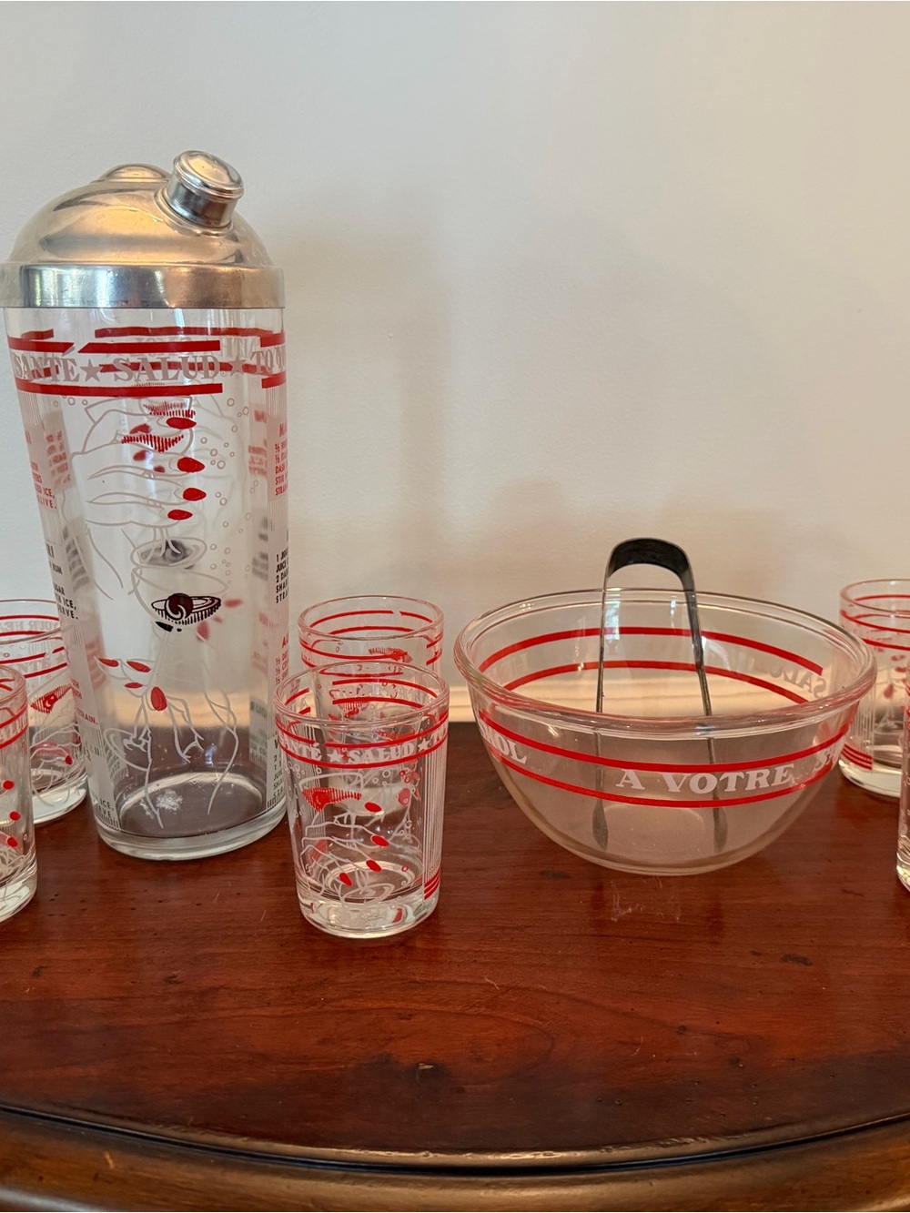 VINTAGE RECIPE COCKTAIL SHAKER w MATCHING ICE BUCKET/6 TUMBLERS HAZEL ATLAS